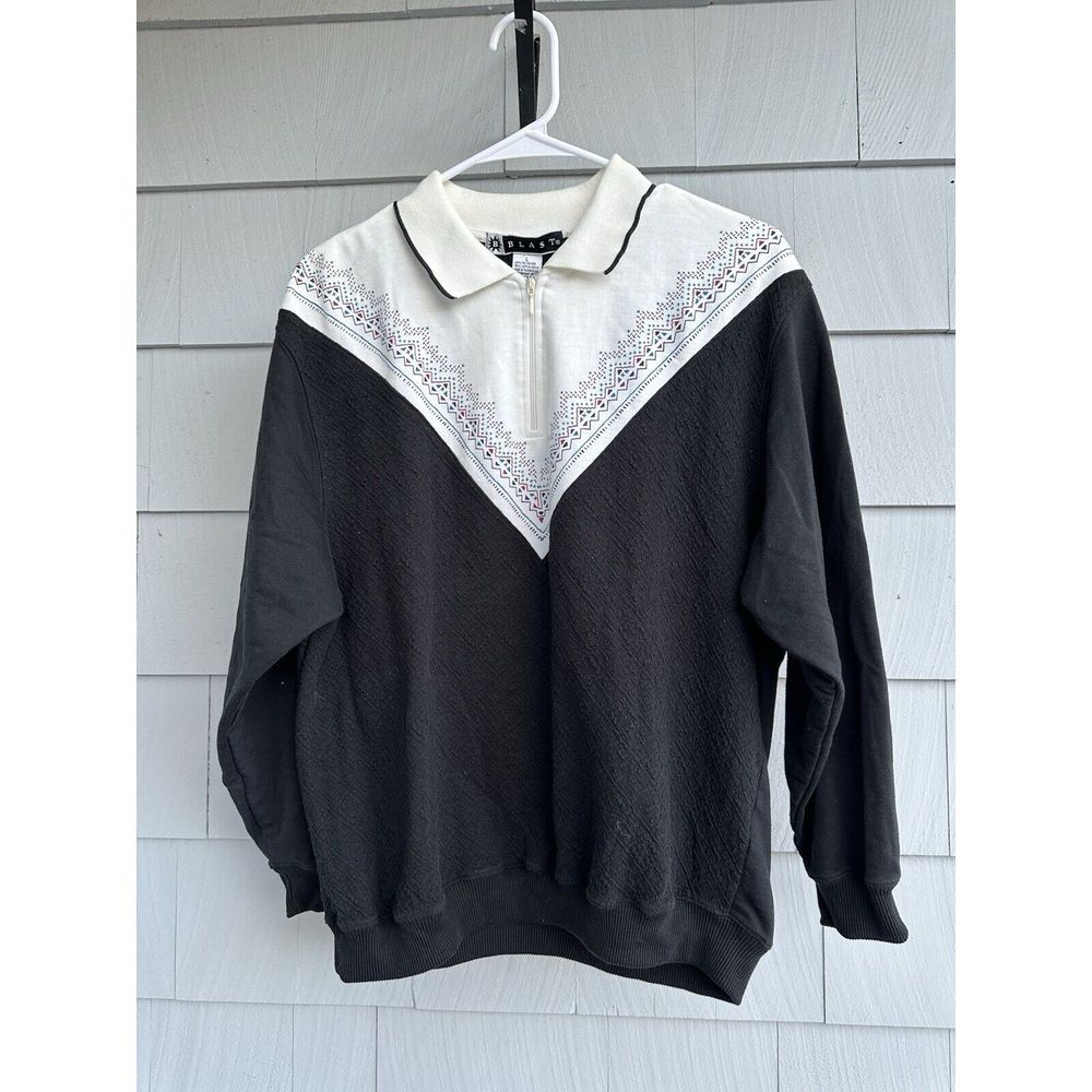 Vintage 80s‎ Blast 3/4 Zip Black and White Jersey Top Size L